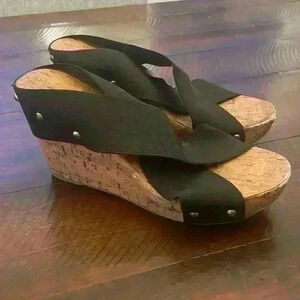 Charming Charlie Cork Wedge Studded Black‎ Sandals Size 9